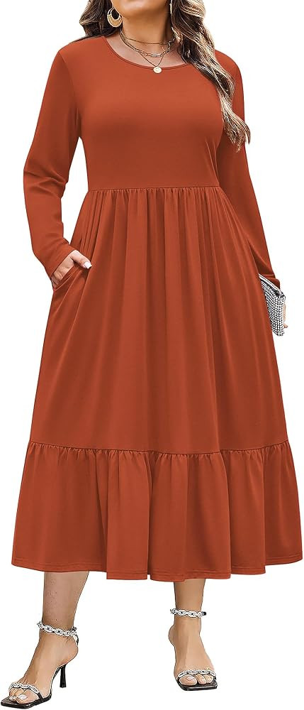 IN'VOLAND Women Plus Size Long Sleeve Dresses Casual Maxi Pockets Dress | Amazon (US)