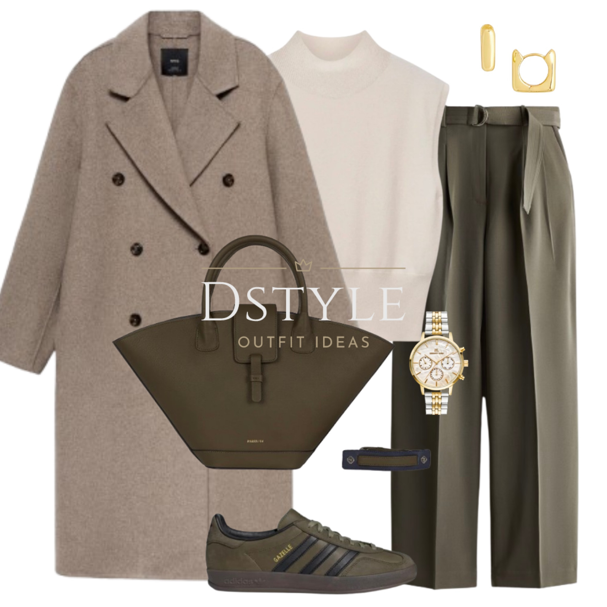 Medium brown handmade oversized wool coat, cream wool-blend knit top, khaki green wide belted trousers, dark olive leather handbag, olive Adidas Gazelle Indoor sneakers/trainers

#LTKItBag #LTKWorkwear #LTKShoeCrush