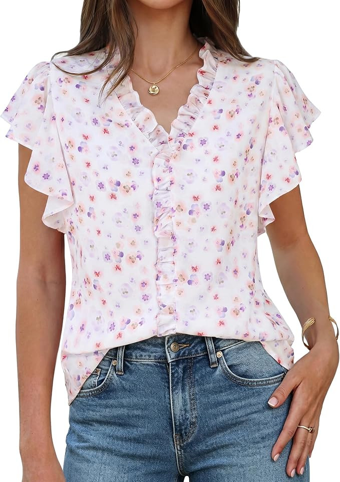 GRACE KARIN 2026 Boho Tops for Women Dressy Casual,Ruffle Sleeve Chiffon Blouses Floral Shirts,V ... | Amazon (US)