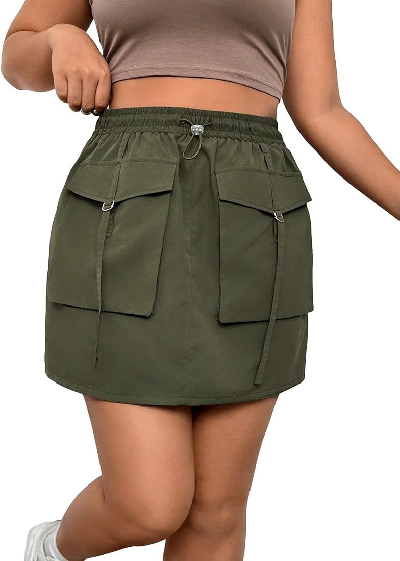WDIRARA Women's Plus Size Flap Pocket Cargo Skirt High Waist Drawstring Short Skirts | Amazon (US)