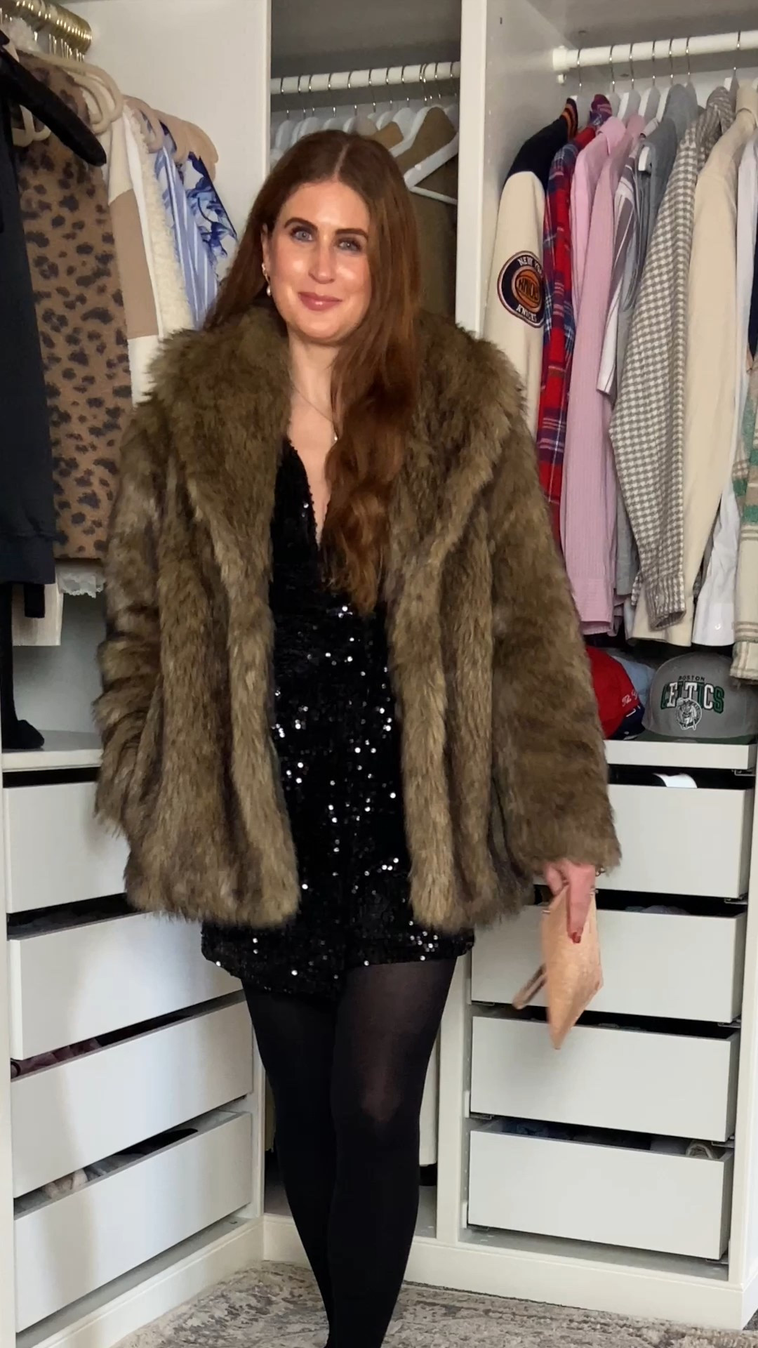 Faux Fur Coat Outfit Idea - Party Season / Christmas Cocktails 💃🏻🍸 Black tights and a sequin dress paired with black pointy boots or black pointy slingback heels I’ve linked similar affordable styles so you can recreate that same polished, winter-luxe feel. Christmas outfits, burgundy, faux fur coat, party season, sequin dress 

#LTKuk #LTKCyberWeek #LTKpartywear