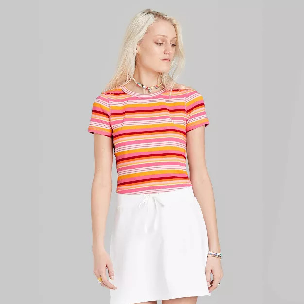 Short Sleeve Fitted T-Shirt - Wild Fable™ Pink Striped | Target