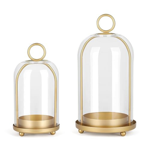Versatile Metal Candle Holder Set with Handmade Glass Dome,Antique Brass Pillar Candle Stand, 5.2" & 4.1" Wide for Tabletop or Hanging, Industrial & Farmhouse Decor | Amazon (US)