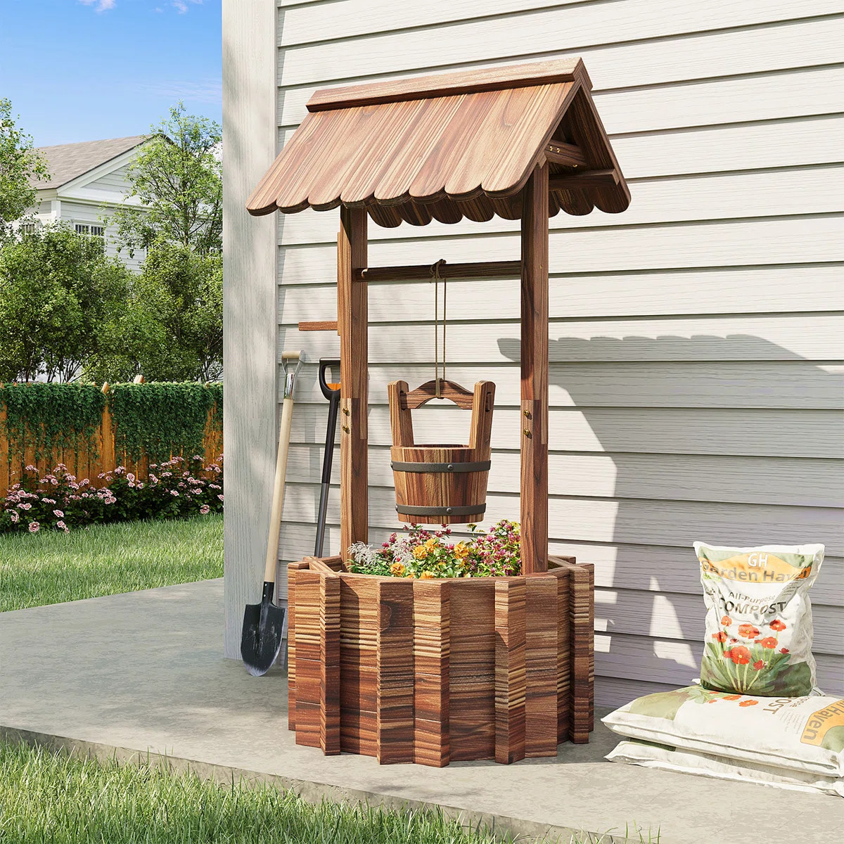 Brenan 46.3" H x 22" W Fir Wood Wishing Well Outdoor Planter | Wayfair North America