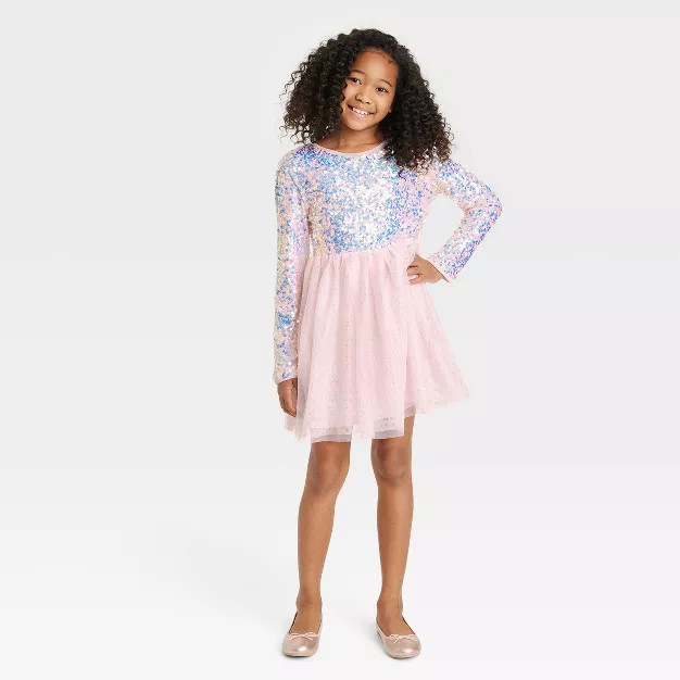 Girls' Long Sleeve Sequin Tulle Dress - Cat & Jack™ Blush Pink | Target