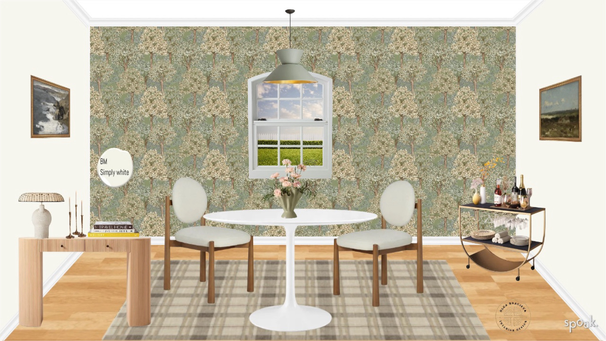 Gorgeous dining room with floral wallpaper from Perigold, round Tulip style dining table, dining chairs from Lulu & Georgia, plaid neutral rug, bar cart, console table from West Elm, organic table lamp from Crate & Barrel and landscape  art from Shoppe Amber Interiors. Moodboard | Dining room | Interior design ideas

#LTKhome #LTKsalealert #LTKSeasonal