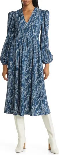 Pleated Puff Shoulder Long Sleeve Midi Dress | Nordstrom