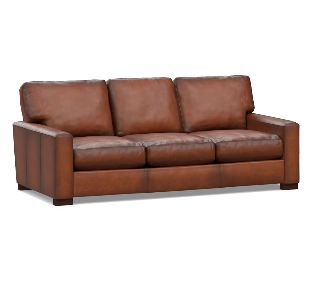 Turner Square Arm Leather Sofa 3-Seater 85.5", Down Blend Wrapped Cushions, Burnished Saddle | Pottery Barn (US)