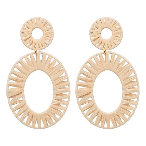 NEWNOVE Handmade Raffia Earrings Lightweight Geometric Straw Dangle Earrings for Women | Amazon (US)