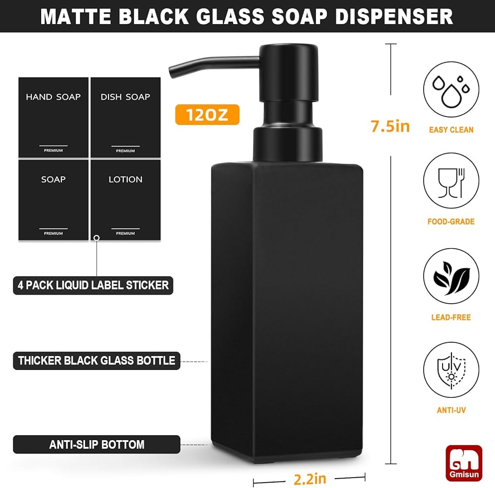 GMISUN Black Soap Dispenser, Hand Soap Dispenser Bathroom, 12oz Glass Soap Dispenser with Stainle... | Amazon (US)