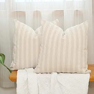Hckot Set of 2 Woven Stripes Farmhouse Throw Pillow Covers 18x18 Inch, Khaki and Beige Geometry L... | Amazon (US)