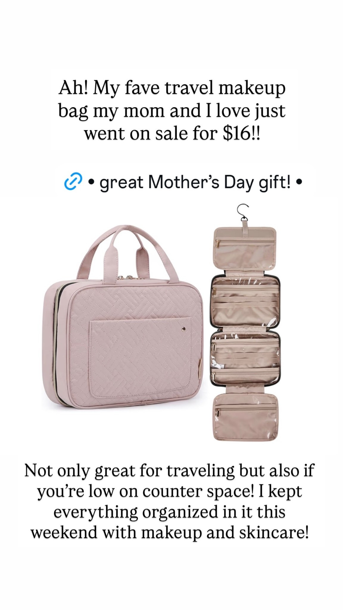 Ah! My fave travel makeup bag my mom and I love just went on sale for $16!! Not only great for traveling but also if you’re low on counter space! I kept everything organized in it this weekend with makeup and skincare!