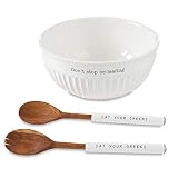 Mud Pie Dolomite, wood Don't Stop Be-Leafing Salad Bowl Set, 32 oz, White, brown | Amazon (US)
