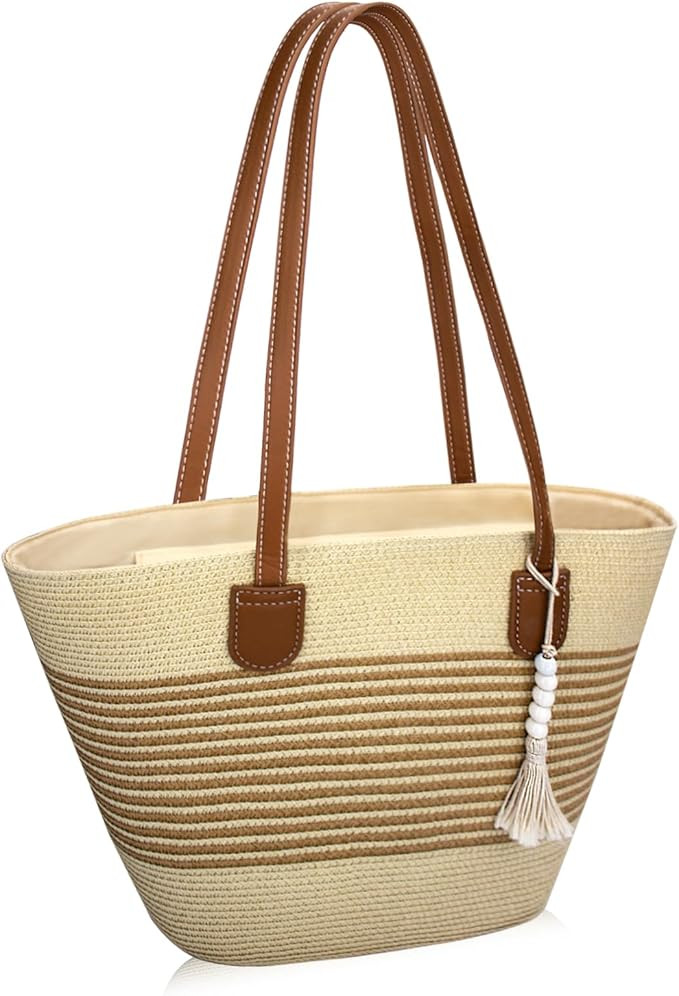 Straw Beach Tote Bag for Women, Large Woven Purse with Zipper for Summer Travel, Beach Vacation S... | Amazon (US)