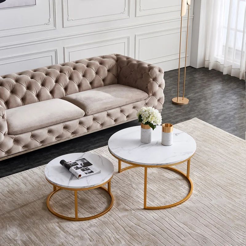 Latitude Run® Modern Nesting Coffee Table, Golden Metal Frame, Marble Patterned MDF Wood Counter... | Wayfair North America