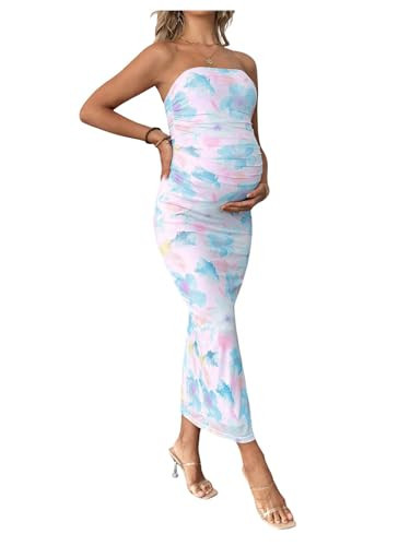 Floerns Women's Pregnancy Dress Floral Strapless Ruched Bodycon Slit Long Maternity Dresses Blue and Pink Medium | Amazon (US)