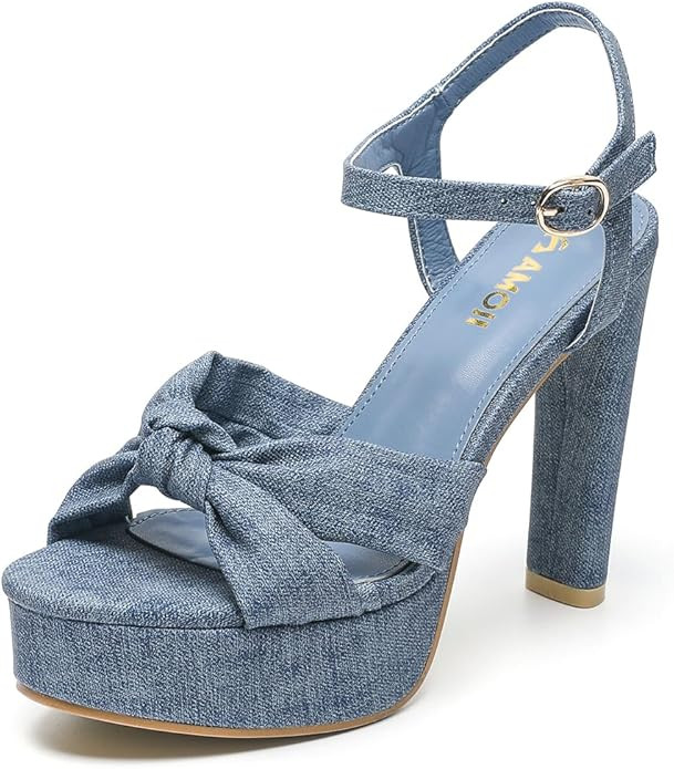 Amoji Women 4 Inch Block Platform Heels Braid Knot Lady Heeled Sandals FZ322 | Amazon (US)