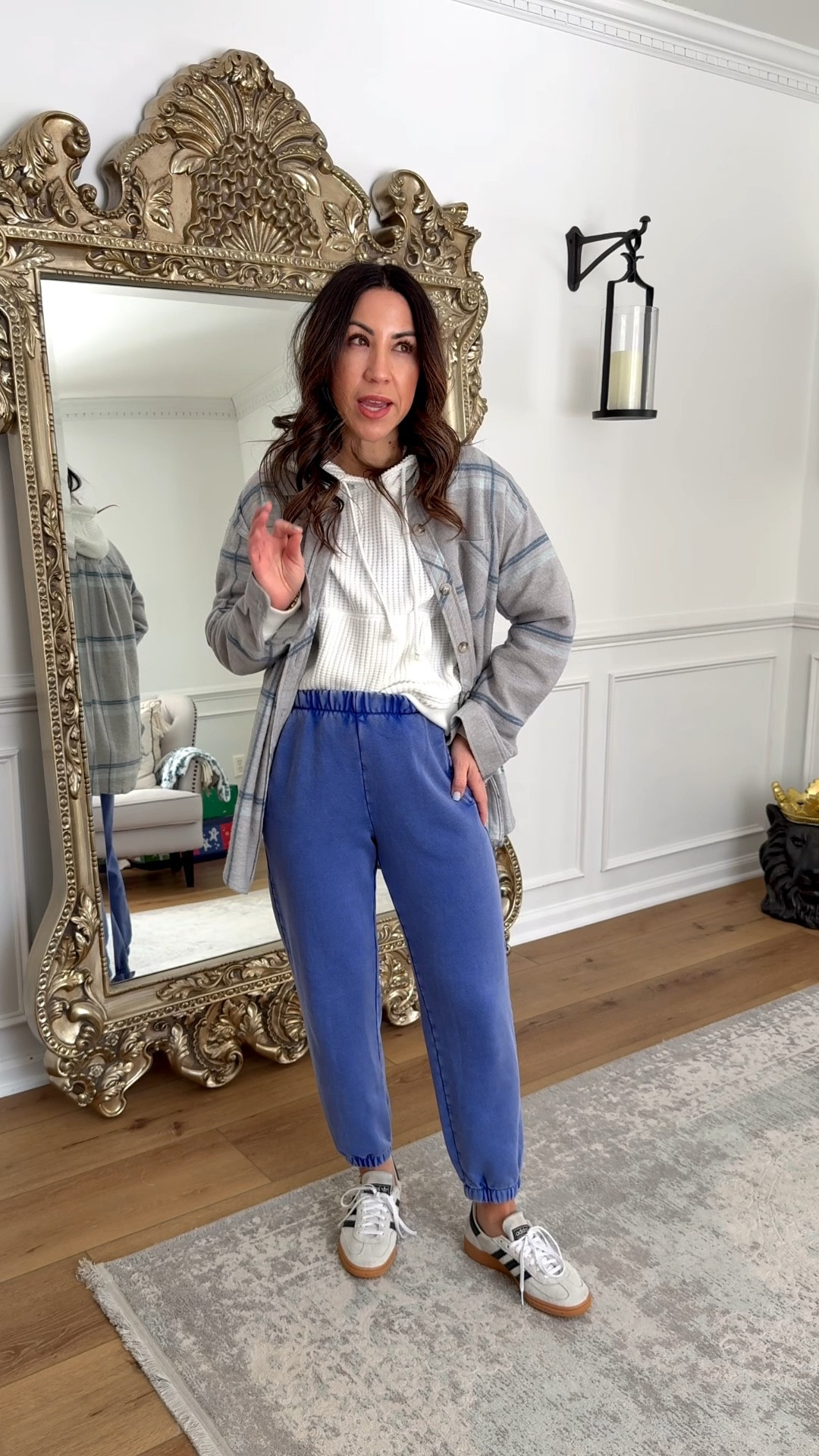 Xs petite jogger sweatpants. Small hoodie. XS flannel shirt. Adidas sneakers size down.

#LTKPetite #LTKOver40 #LTKSaleAlert