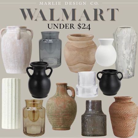 Walmart Vases Under $24 | Walmart home decor | walmart finds | home decor | shelf styling | console table decor | coffee table decor | kitchen decor | wicker vase | jug vase | distressed vase | black vase | white vase | marble vase | glass vase | vase with handles | better homes and gardens | wood vase | donut vase | textured vase | ceramic vase 

#LTKhome #LTKunder50 #LTKFind