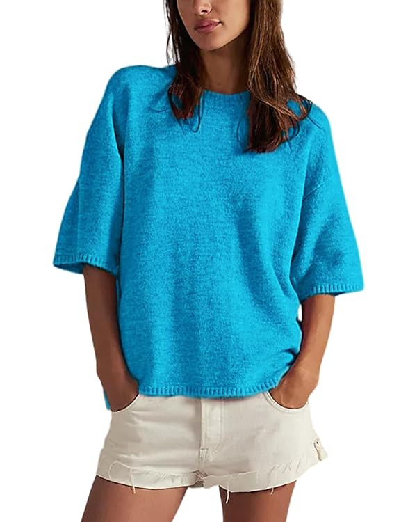 Yeokou Women Sweater Tee Casual Crewneck Short Sleeve Pullover Top Ribbed Knit Loose Shirt | Amazon (US)