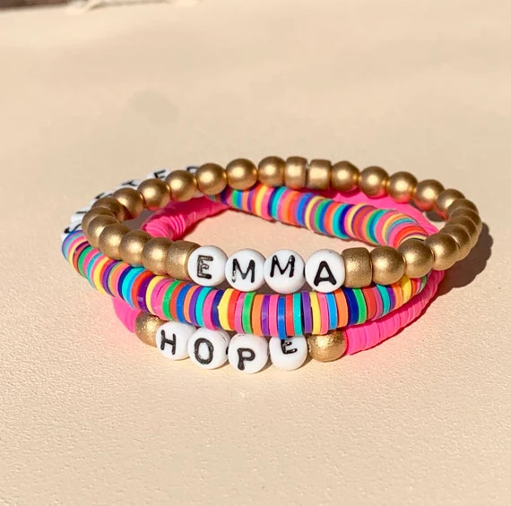 Name Bracelet/ Polymer Clay/ Gold Czech Bead/ Word Bracelet/ Stretch Bracelet/ Beaded Bracelet/ S... | Etsy (US)