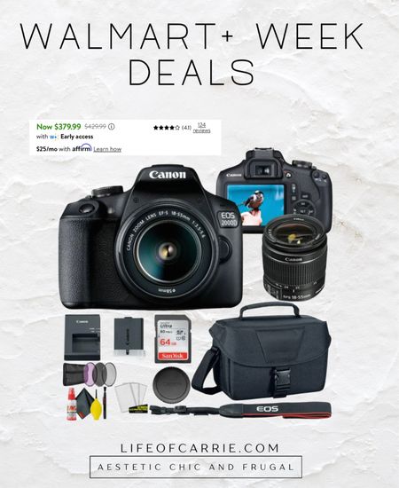 Walmart+ week is here! What a great deal for a beginner creator! Canon DSLR bundle! Great deal #primeday #walmartplus #walmart+ #canon 

#LTKFind #LTKxPrimeDay #LTKsalealert