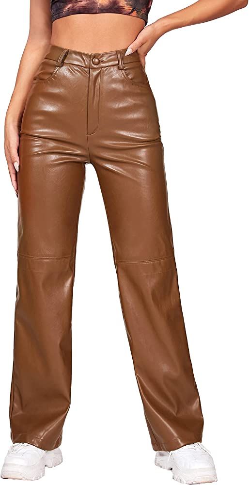 MakeMeChic Women's Faux Leather Pants Straight Wide Leg Leather Pants | Amazon (US)