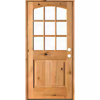 36 in. x 80 in. Knotty Alder Left-Hand/Inswing 9-Lite Arch Top V-Panel Clear Glass Clear Stain Wo... | The Home Depot