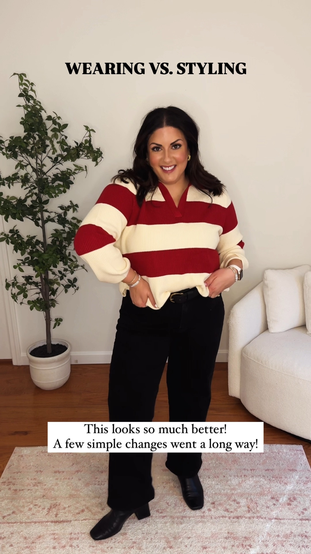 Wearing a L in the sweater and a size 14 in the jeans ❤️ making a few simple changes to this look made a huge difference - such a good example of just wearing vs styling! 

#LTKFindsUnder50 #LTKMidsize #LTKStyleTip