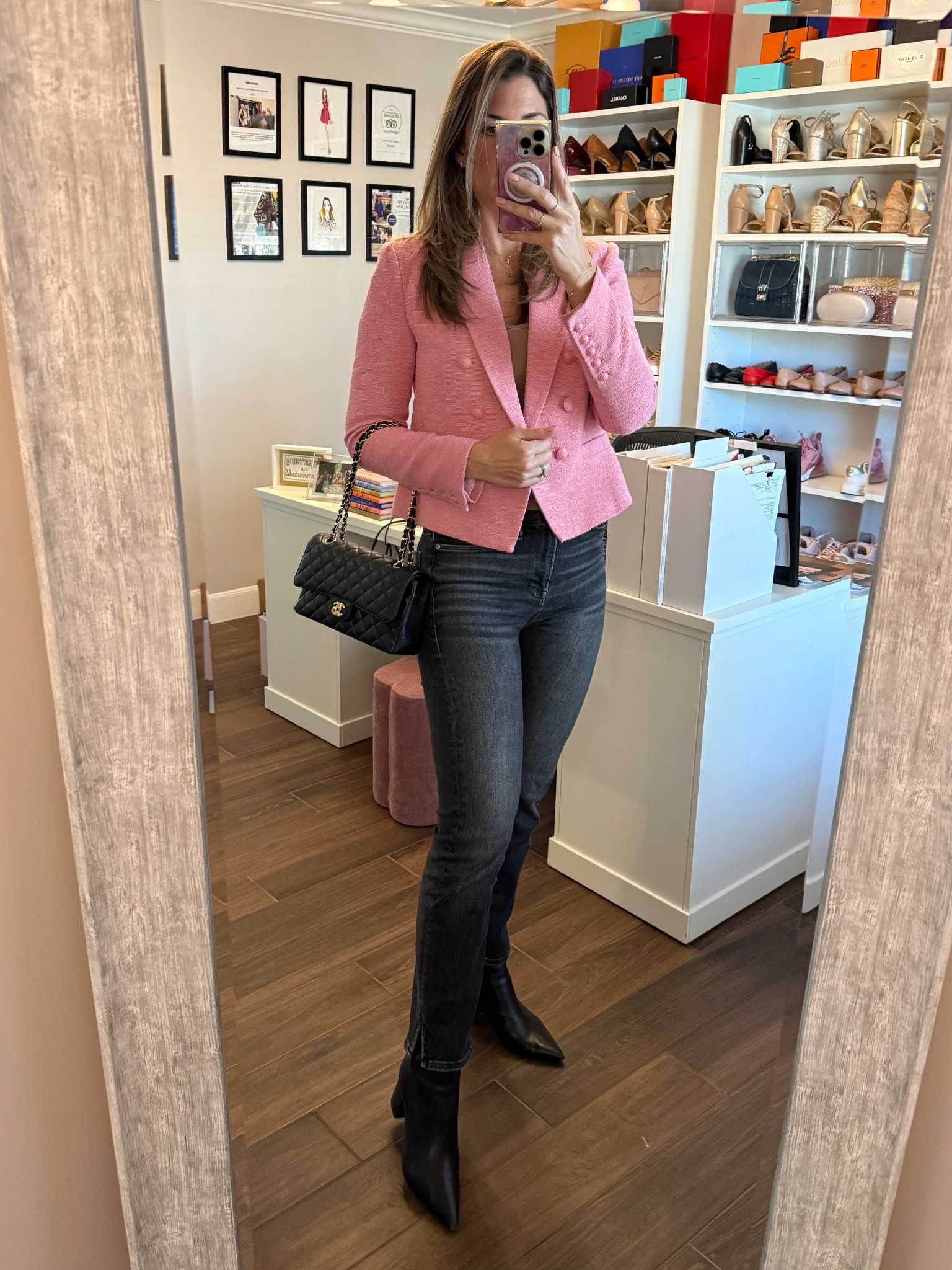 Debuted this beauty of a blazer and got compliments everywhere I went. This tweed style comes in other gorgeous colors and is available in sizes 00-18. Love the monochromatic buttons. Paired it with a nude cami, my favorite black straight leg jeans and my comfiest black ankle boot. 

Blazer runs TTS. Wearing size 6.
Jeans are old but linked similar options. This brand runs TTS. 
Boots run TTS. The leather is buttery soft!

#LTKWorkwear #LTKOver40 #LTKootd