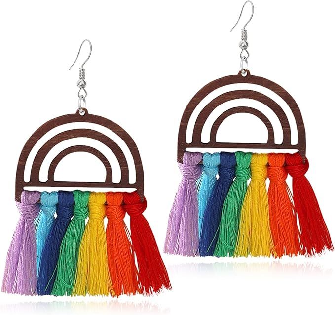 JIUIQL Bohemian Handmade Lightweight Colorful Rainbow Wooden Tassel Dangle Drop Earrings Exaggera... | Amazon (US)