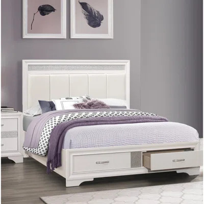 Queen Bed With Storage Drawers And Upholstered Faux Leather Headboard, Modern Style, White Silver Accent, Wooden Bedroom Furniture Finish, Glitter Fra | Wayfair North America