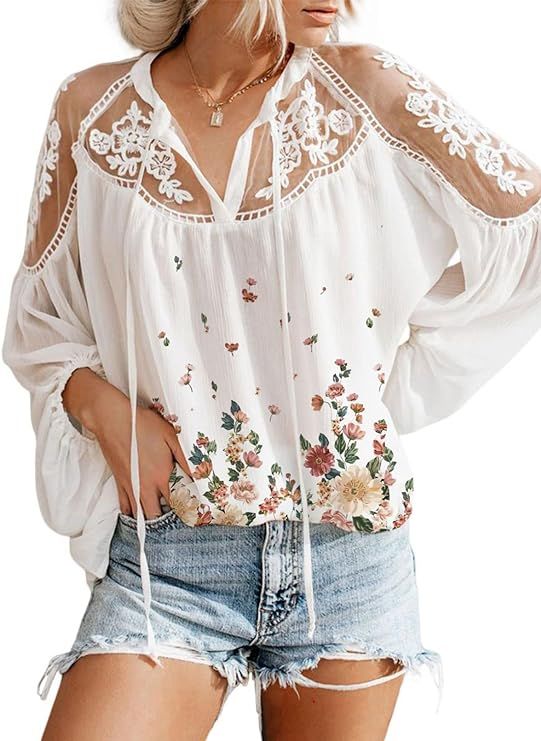 Asvivid Women's Chiffon Blouses V Neck Loose Puff Long Sleeve Shirts | Amazon (US)