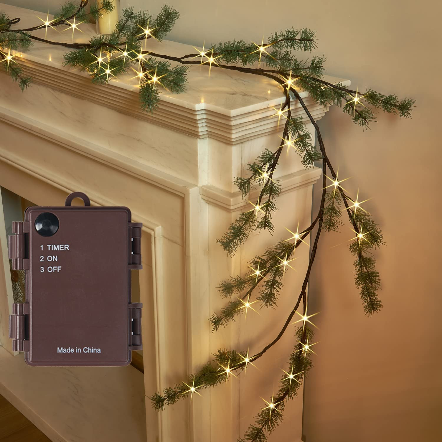 Fudios Lighted Christmas Pine Garland 6FT 48 Warm White LED Battery Operated with Timer for Mantl... | Amazon (US)