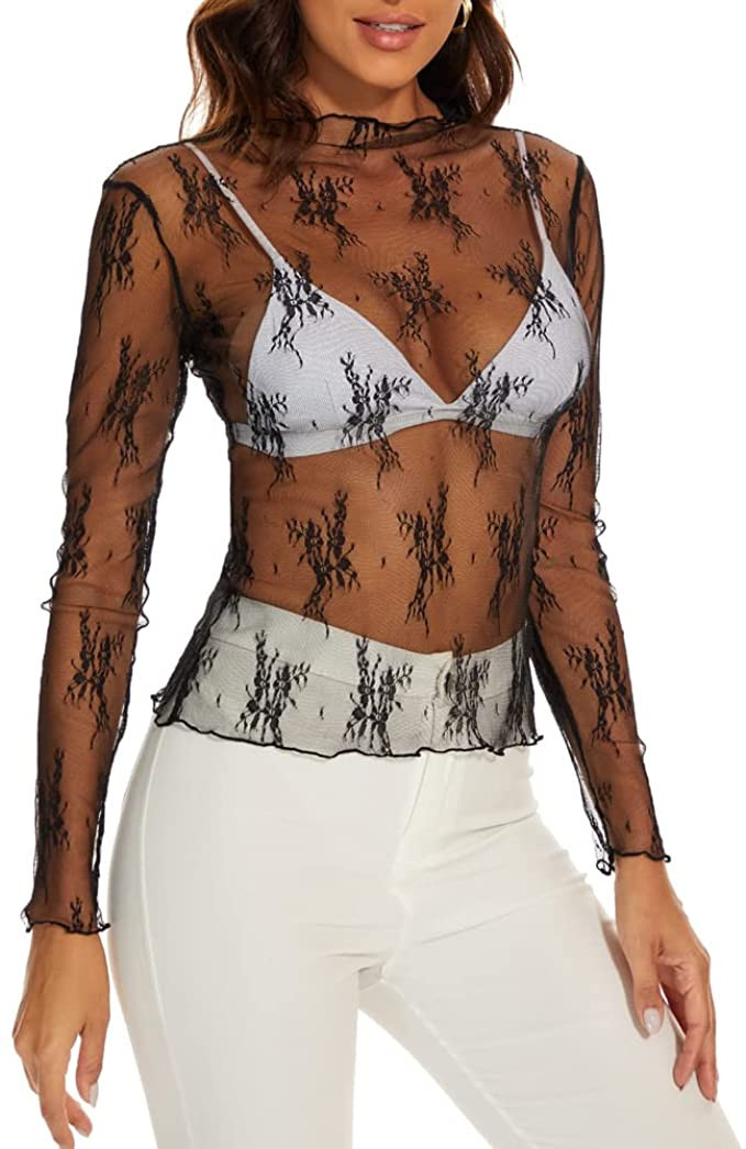 AILBBE Mesh Long Sleeve Layering Top for Women Mock Neck Floral Embroidery Sheer See Through Tee ... | Amazon (US)