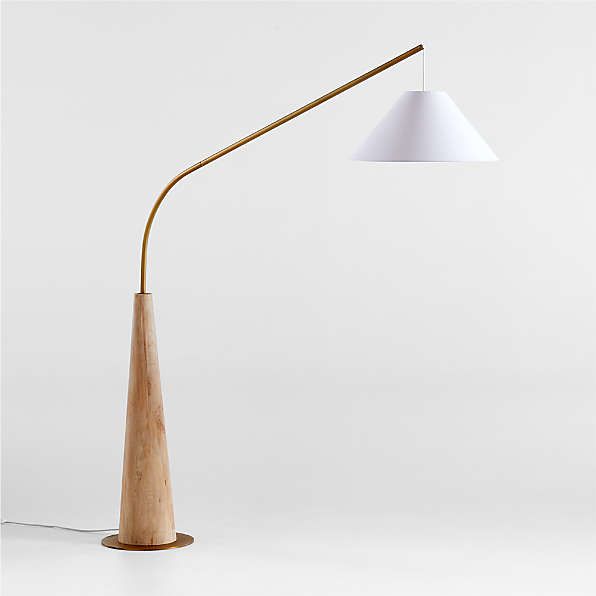 Gibson Wood Hanging Arc Floor Lamp with White Shade | Crate & Barrel