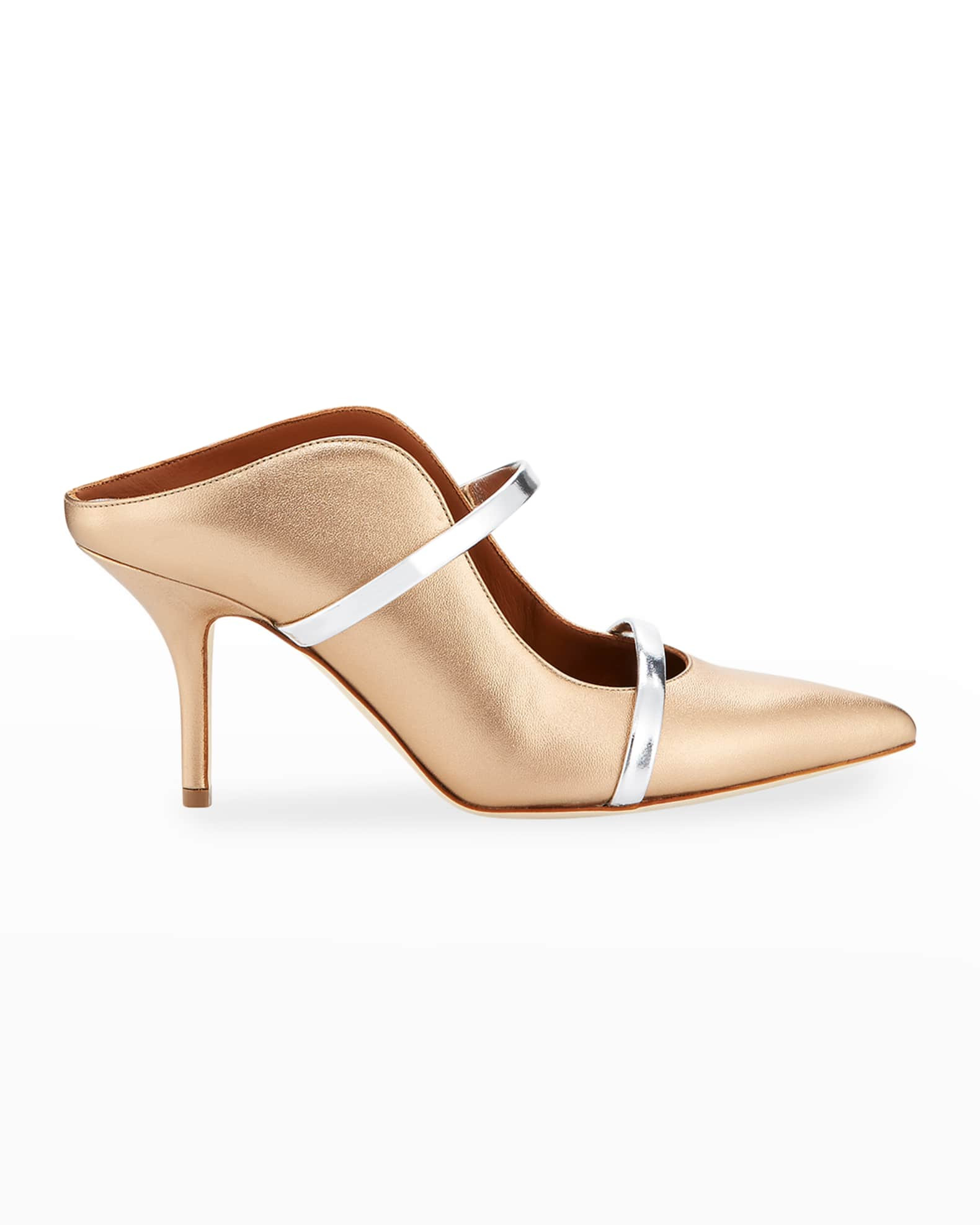 Maureen 75mm Metallic Leather Two-Strap Mules | Neiman Marcus