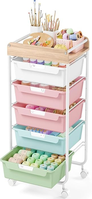 Rolling Storage Utility Cart with 5 Drawers,Craft Cart with Wheels,Makeup Organizer,Art Supply an... | Amazon (US)