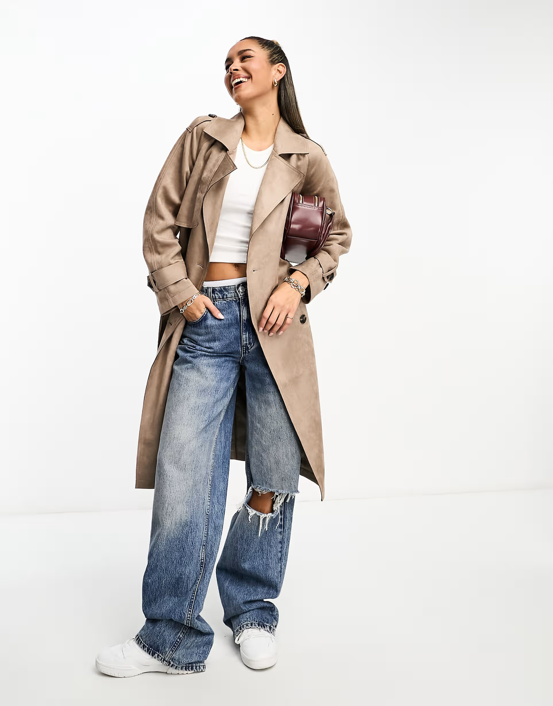 Stradivarius faux suede trench coat in stone | ASOS (Global)