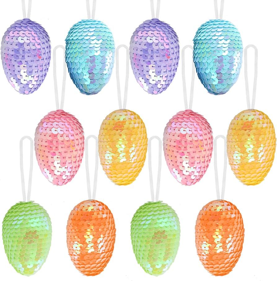 Whaline Easter Hanging Eggs Multicolor Glitter Sequins Easter Egg Ornament Plastic Easter Egg Tre... | Amazon (US)
