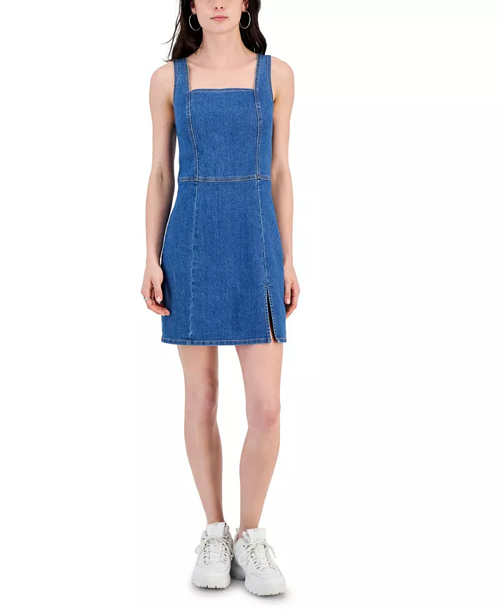 Juniors' Square-Neck Seamed Slit-Front Denim Dress | Macy's