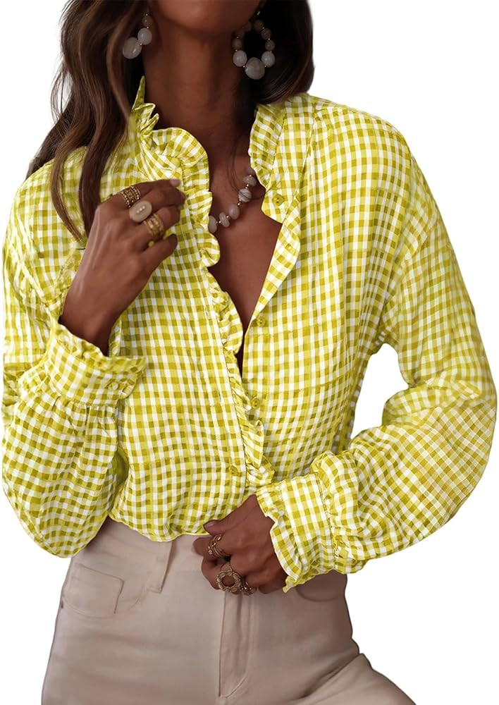 Astylish Womens Plaid Ruffle V Neck Button Down Blouse Casual Long Sleeve Gingham Trendy Tops Wor... | Amazon (US)