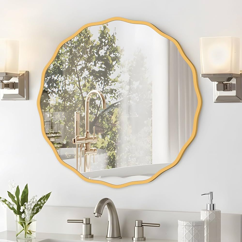 FUWU HOME Round Mirror for Wall Decorative 20 inch Modern Gold Wavy Mirror Whit Wood Frame Circle... | Amazon (US)