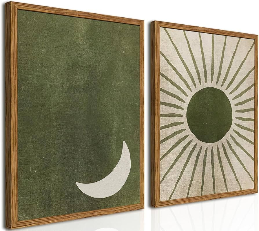 Framed Boho Sun and Moon Canvas Wall Art Set of 2, Vintage Sage Green Bohemian Pictures Wall Deco... | Amazon (US)