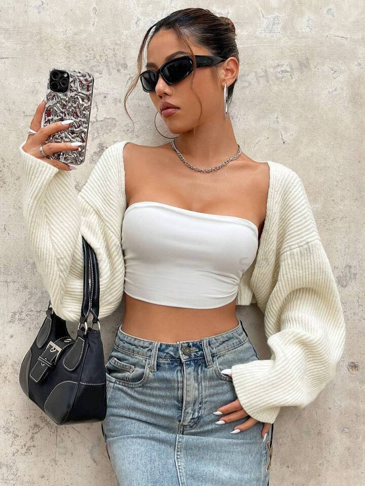 SHEIN ICON Y2K Grunge Drop Shoulder Open Front Crop Cardigan Without Tube Top | SHEIN