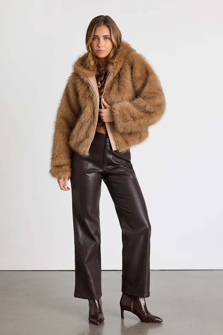 Sugar Tan Faux Fur Hooded Zip-Up Coat | Lulus