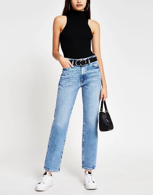 River Island Blair high rise straight cut ripped jeans in light blue | ASOS (Global)