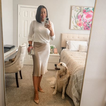 For a chic monochromatic look I paired my favorite cream sweater with a champagne satin skirt! 

- Cream Sweater: Size Medium 
- Satin Skirt: Size Small 
- Nude Pumps: Size 8

#LTKstyletip #LTKfindsunder50 #LTKworkwear