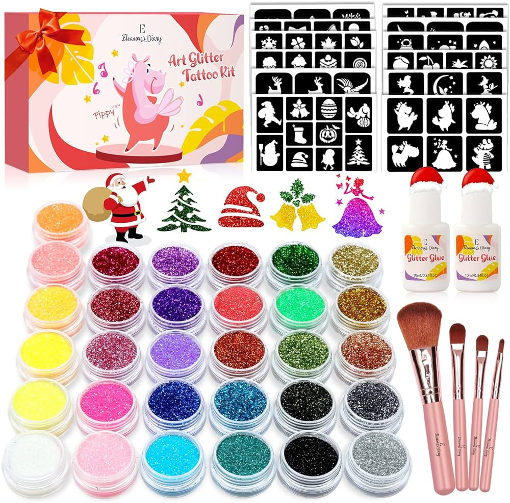 Temporary Glitter Tattoo Kids, Eleanore's Diary 31 Glitter Colors,165 Unique Stencils,2 Glue,4 Br... | Amazon (US)