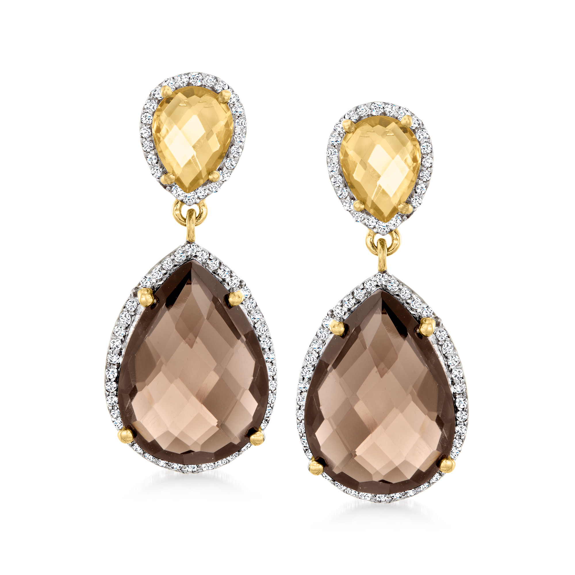17.00 ct. t.w. Smoky Quartz and 2.30 ct. t.w. Citrine Drop Earrings with .60 ct. t.w. White Topaz... | Ross-Simons